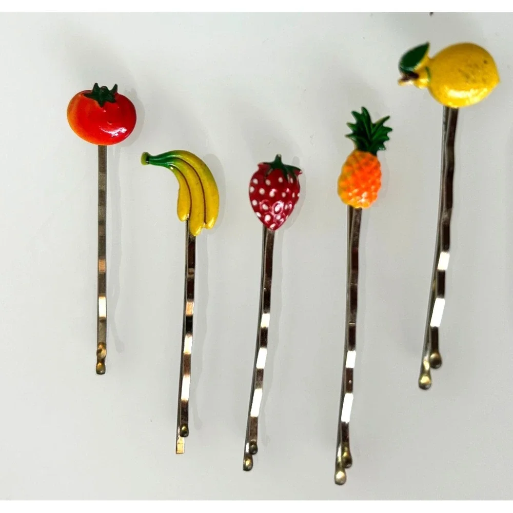 Vintage Enameled Fruit Bobby Pins Lot 5 Banana Strawberry Lemon Tomato Pineapple